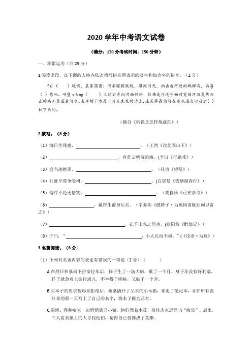 2020年初中毕业生学业水平考试试卷语文(含答案) (6)