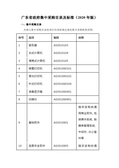 广东省政府集中采购目录及标准(2020年版)