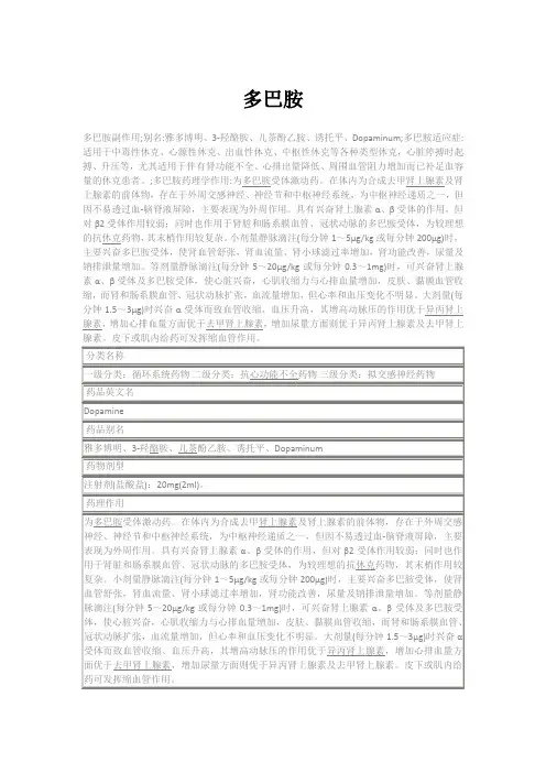 多巴胺的副作用药理作用适应症禁忌症用法用量