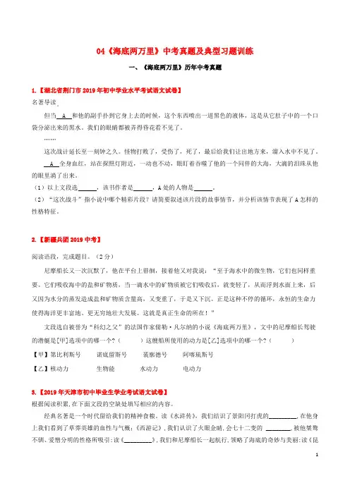 专题08 《海底两万里》中考真题及典型习题训练(原卷版)