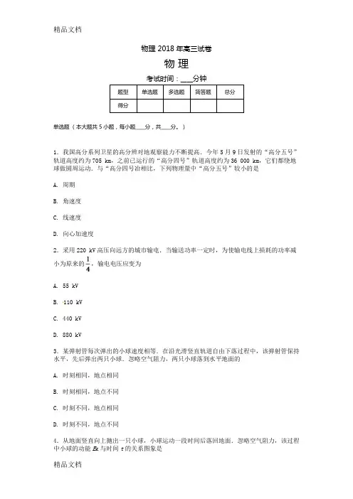 2018江苏物理高考试题及答案解析学习资料