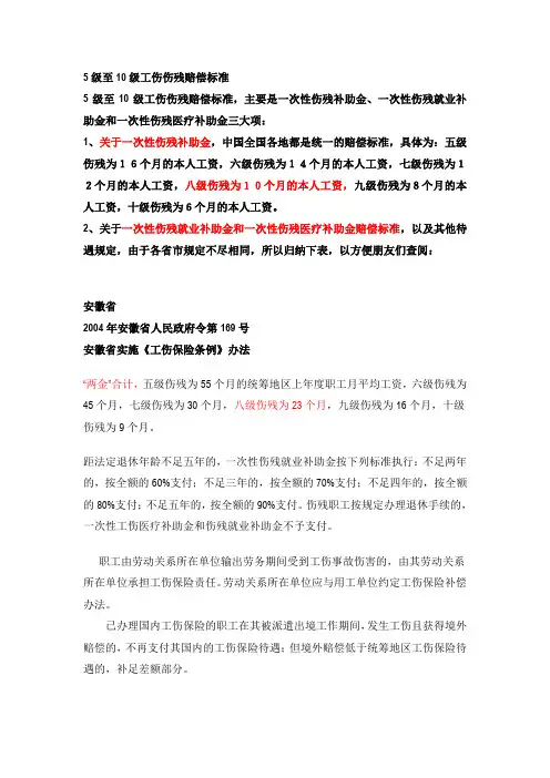 5级至10级工伤伤残赔偿标准