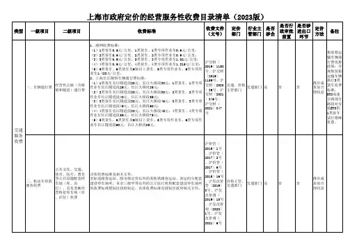上海市政府定价的经营服务性收费目录清单(2023版)