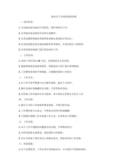 抽水员工作规章制度表格