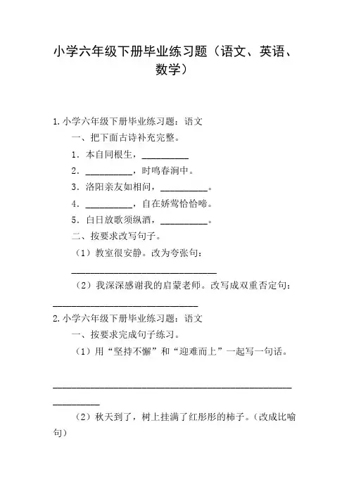 小学六年级下册毕业练习题(语文、英语、数学)