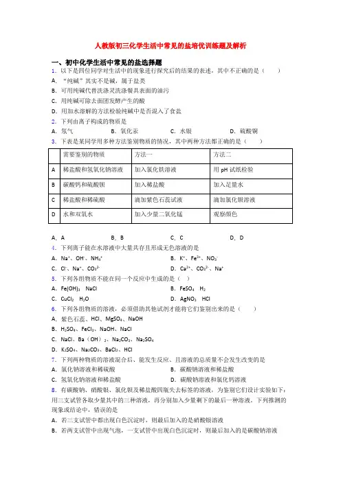 人教版初三化学生活中常见的盐培优训练题及解析