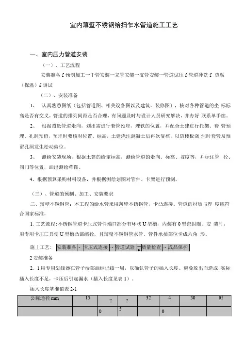 室内薄壁不锈钢给排水管道施工工艺