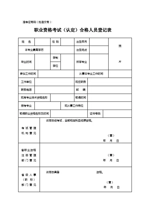 职业资格考试(认定)合格人员登记表