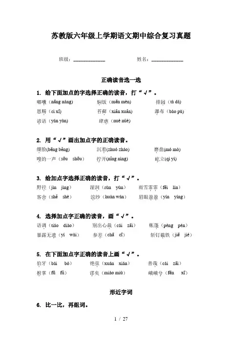 苏教版六年级上学期语文期中综合复习真题