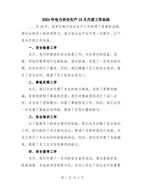 2024年电力安全生产10月月度工作总结