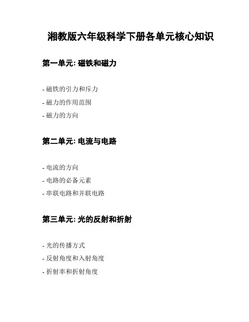 湘教版六年级科学下册各单元核心知识
