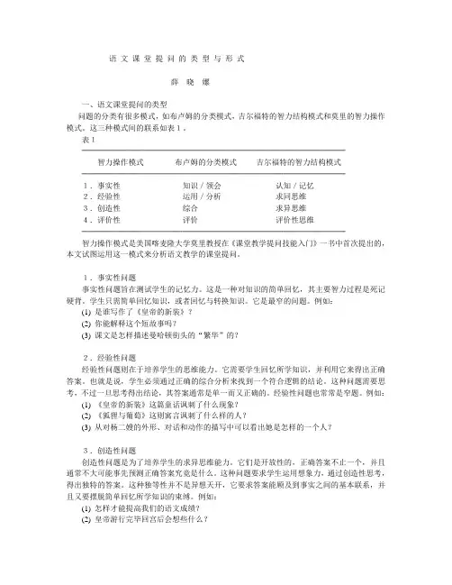 语文课堂提问的类型与形式薛晓嫘.