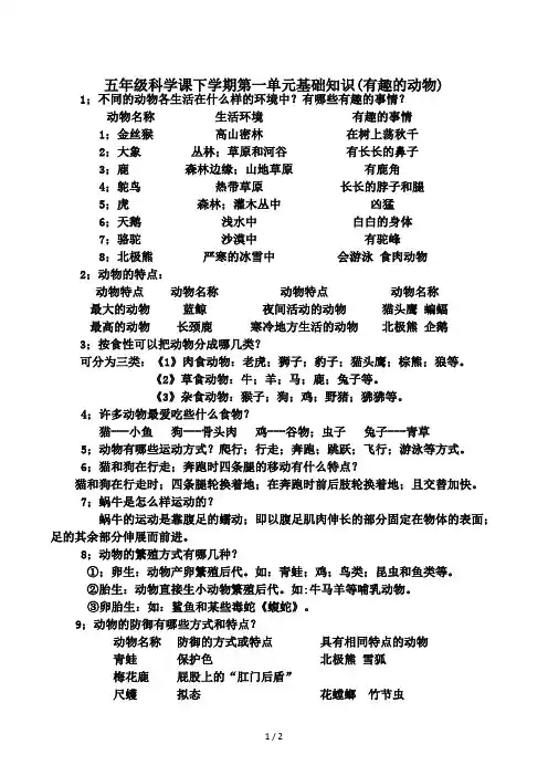 五年级科学课下学期第一单元基础知识(有趣的动物)