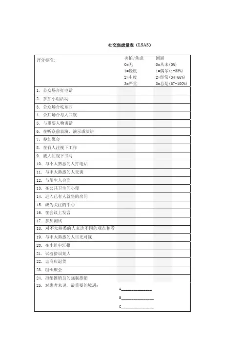 Liebowitz社交焦虑量表 LSAS 