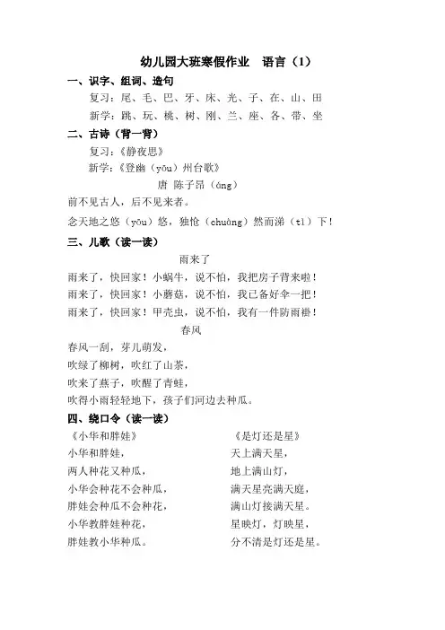 幼儿园大班寒假作业  语言