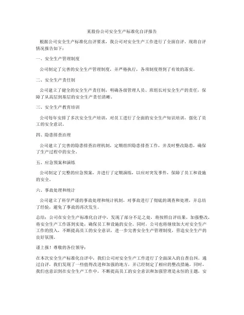 某股份公司安全生产标准化自评报告