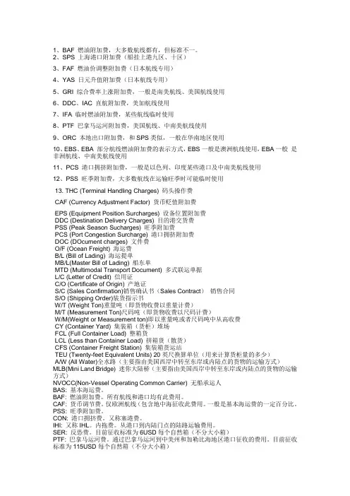 海运附加费和杂费简称