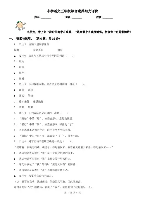 小学语文五年级综合素养阳光评价