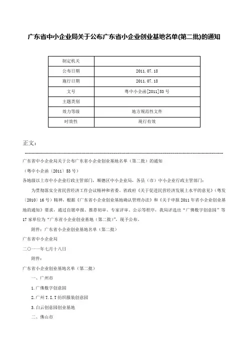 广东省中小企业局关于公布广东省小企业创业基地名单(第二批)的通知-粤中小企函[2011]53号