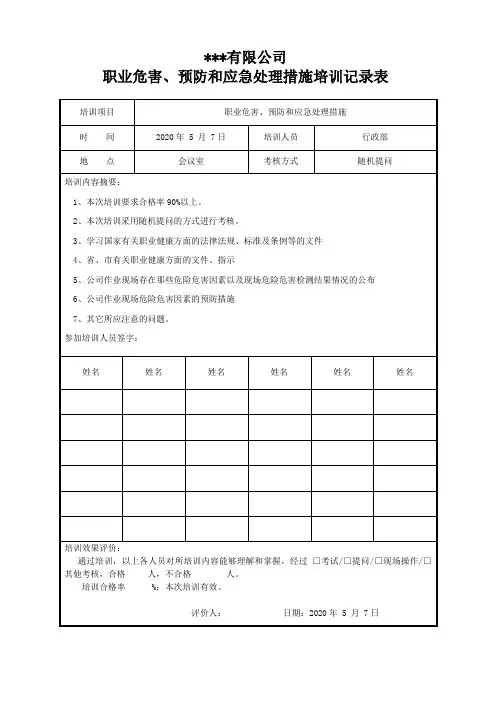职业危害、预防和应急处理措施培训记录表