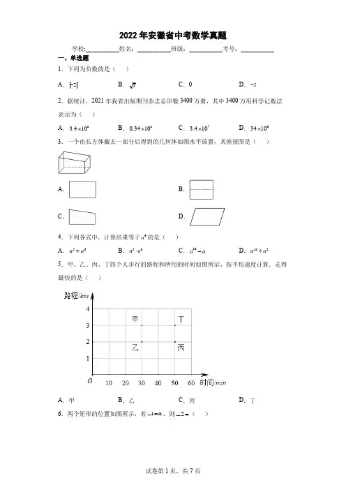 2022年安徽省中考数学真题(含答案解析)