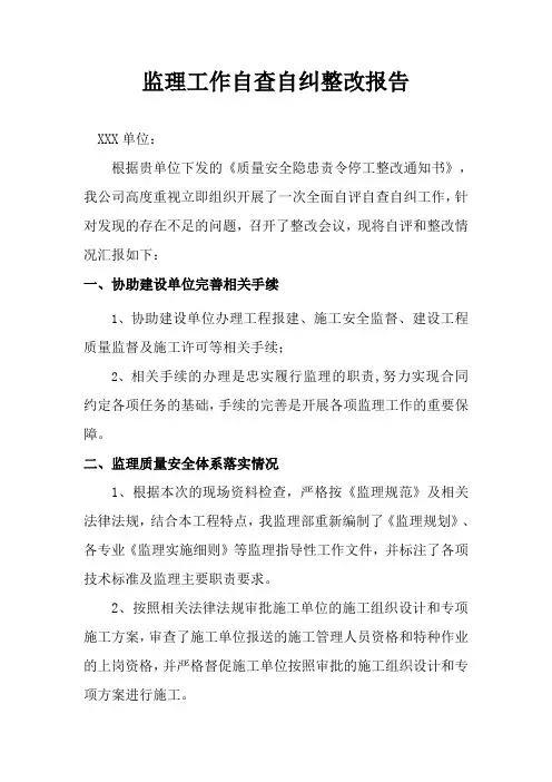 监理工作自查自纠整改报告
