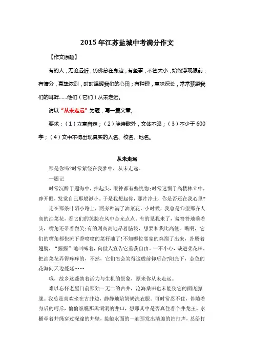 2015年江苏盐城中考满分作文《从未走远》