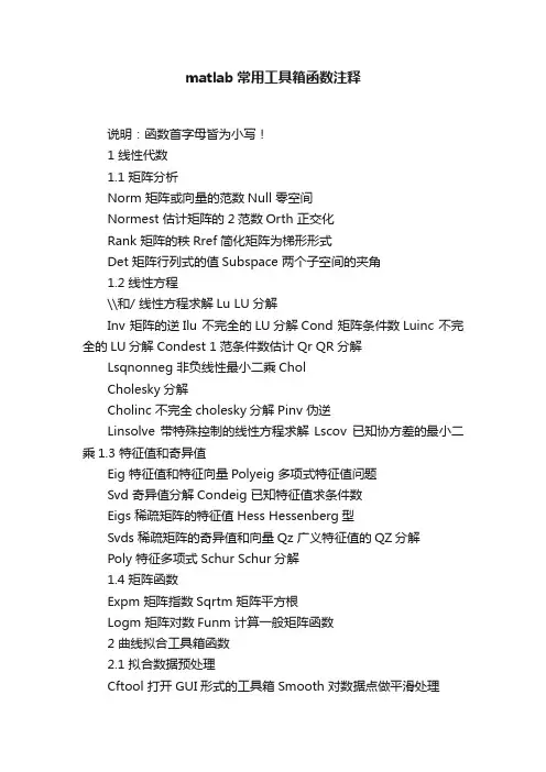 matlab常用工具箱函数注释