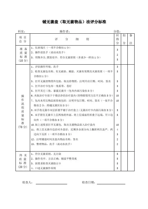 铺无菌盘(取无菌物品)法评分标准