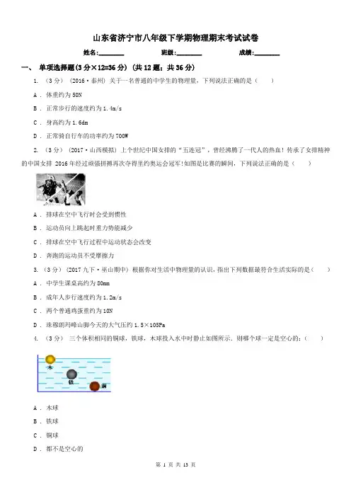 山东省济宁市八年级下学期物理期末考试试卷