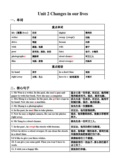 深圳2023六年级下册英语重点知识  Unit  2 Changes in our lives