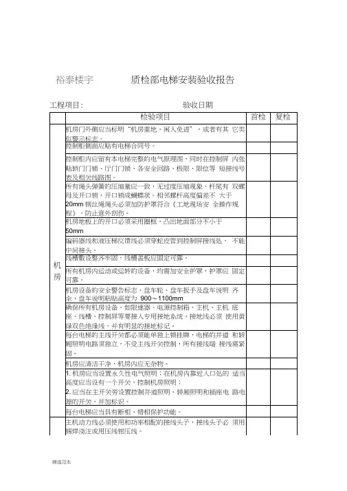 电梯质检部电梯安装验收报告