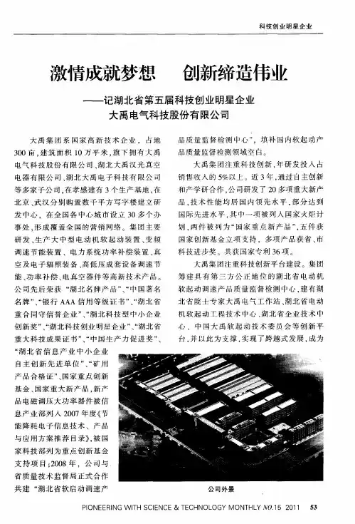 激情成就梦想 创新缔造伟业——记湖北省第五届科技创业明星企业大禹电气科技股份有限公司
