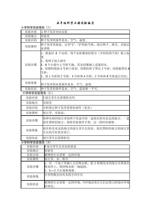 五年级科学上册实验报告