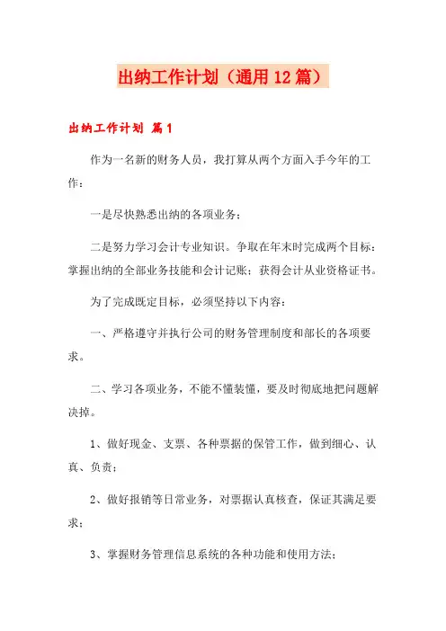 出纳工作计划(通用12篇)