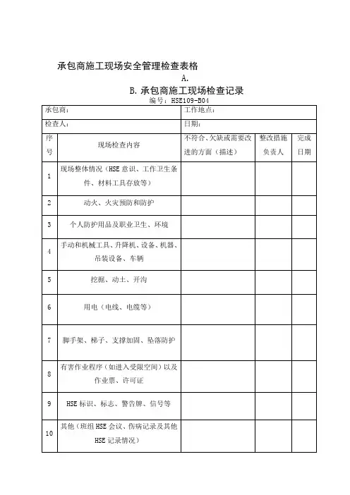 承包商施工现场安全检查表格
