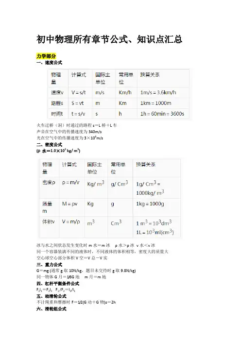 初中物理所有章节公式、知识点汇总
