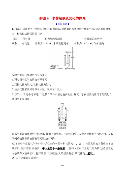 2024年人教版中考化学总复习第三部分化学物质与定量研究实验4水的组成及变化的探究