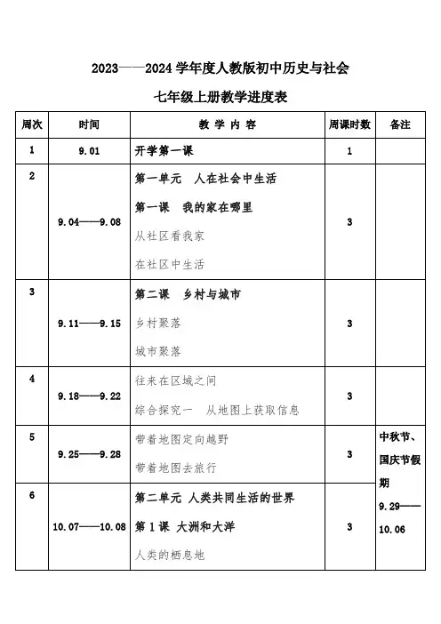 2023年秋学期人教版初中历史与社会七年级上册教学进度表