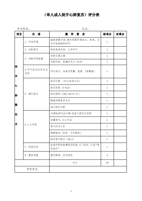 单人心肺复苏术评分表