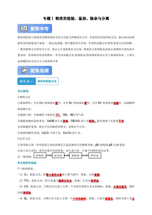 【名师导航2024】化学二轮专题解读与强化训练——专题1物质的检验、鉴别、分离和提纯(解析版)