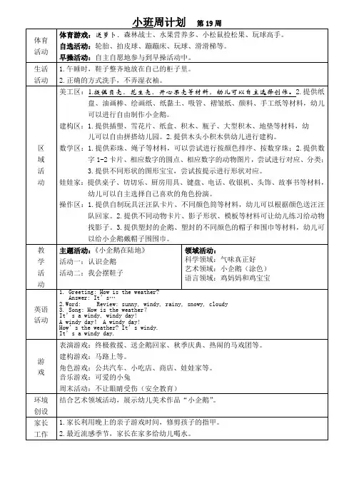 幼儿园班级周计划第19周