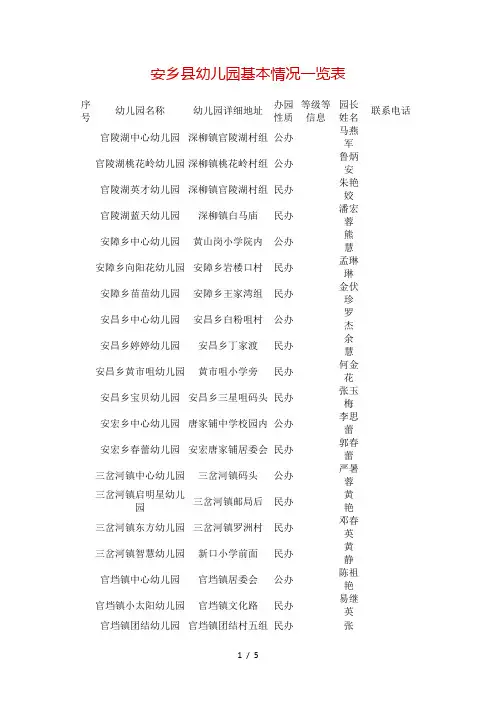 安乡县幼儿园基本情况一览表
