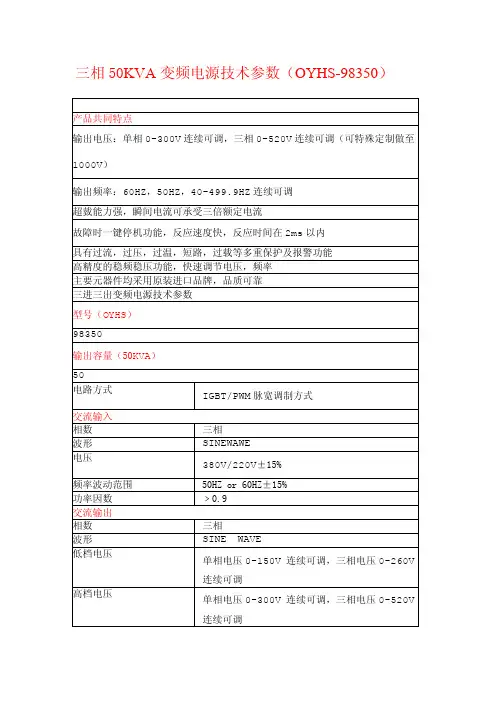 三相50KVA变频电源技术参数(OYHS-98350)