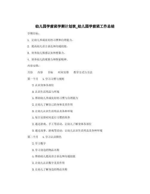幼儿园学前班学期计划表_幼儿园学前班工作总结