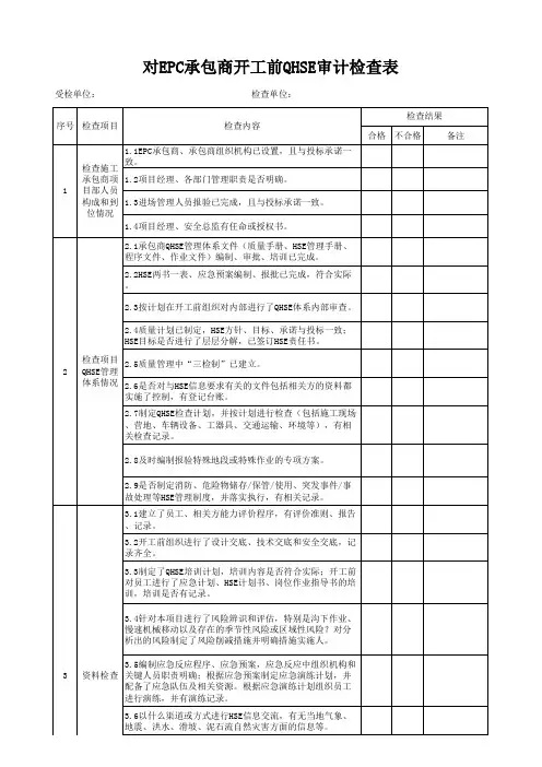 对EPC承包商开工前QHSE审计检查表