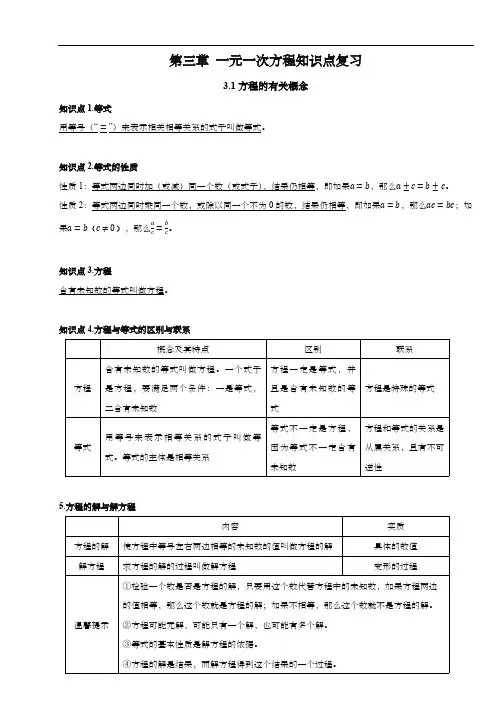 人教版七年级数学上册第三章 一元一次方程知识点复习