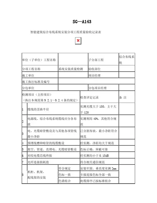 SG-A143智能建筑综合布线系统安装分项工程质量验收记录表