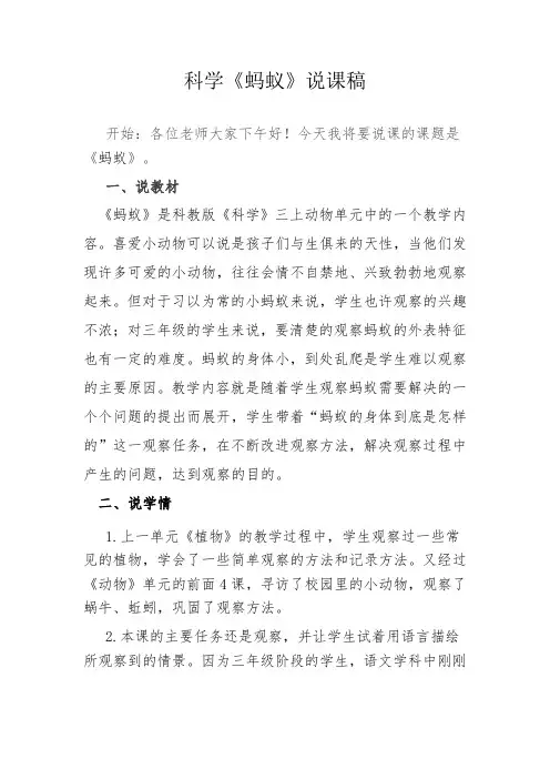 三年级新教科版科学《蚂蚁》说课稿