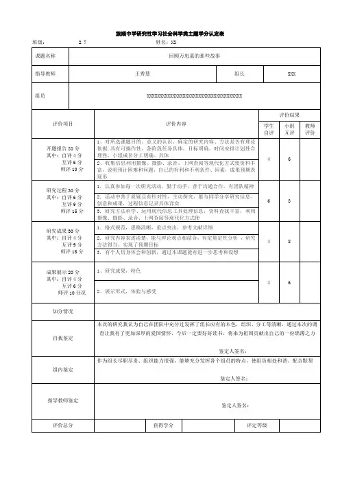 原创：研究性学习社会科学类学分认定表